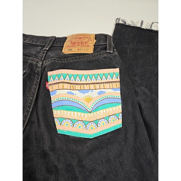 DMS Women's 27x32 Vintage Levi's 501 Black Painted Embellished Black Jeans Denim - Picture 7 of 11